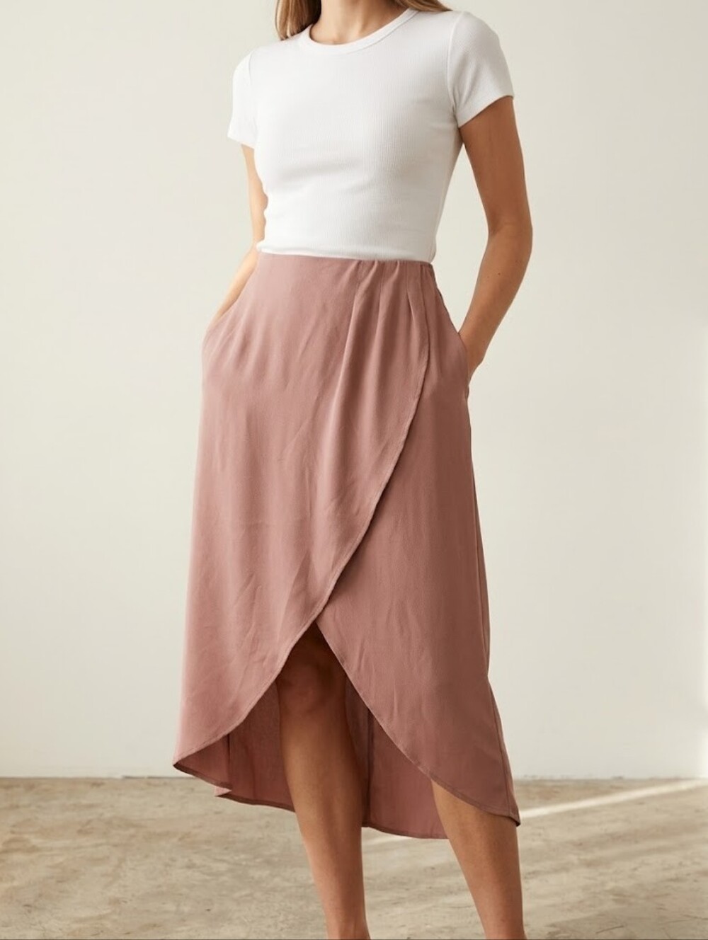 OAK + FORT Dusty Rose Wrap-Front Midi Skirt